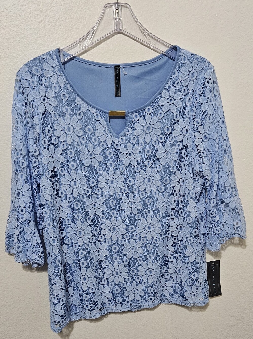 Ashley Blue Light Blue Floral Lace Keyhole Blouse